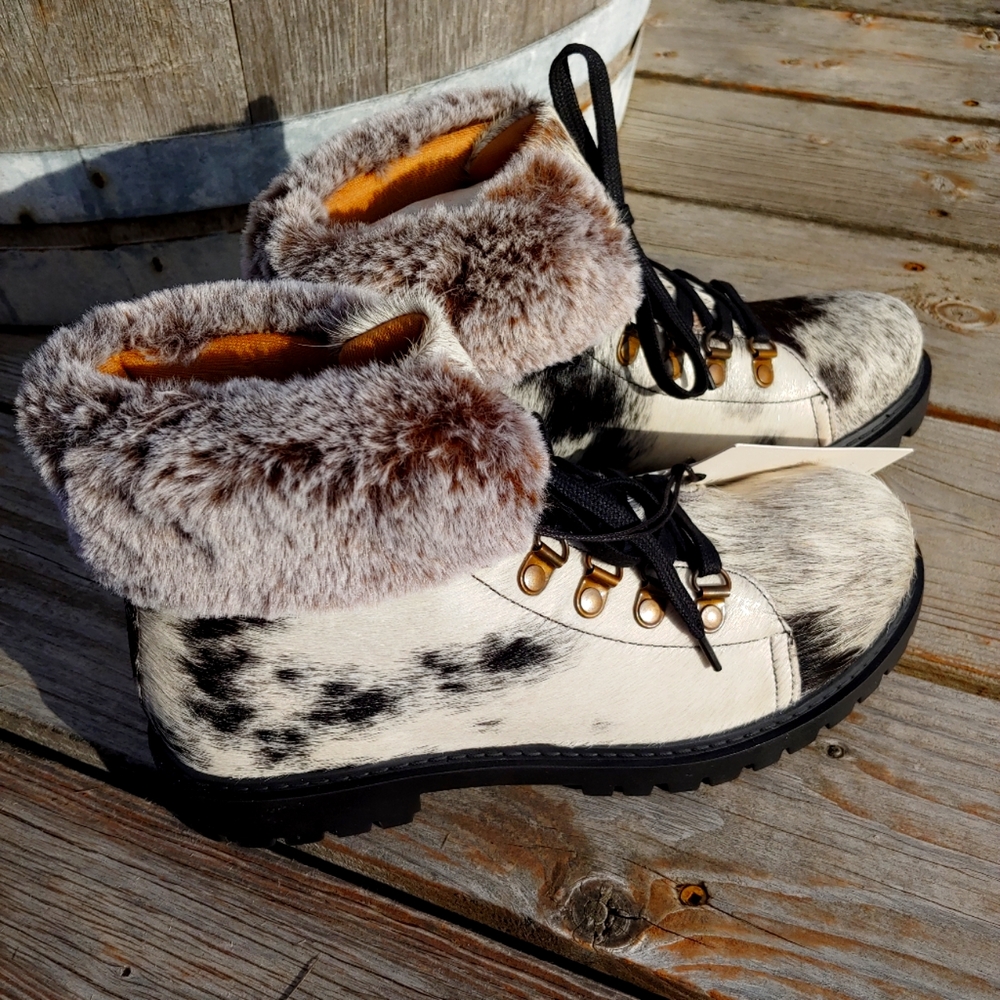 Genuine Cowhide & Leather Bootie Fur combat ankle black white sz 8 new